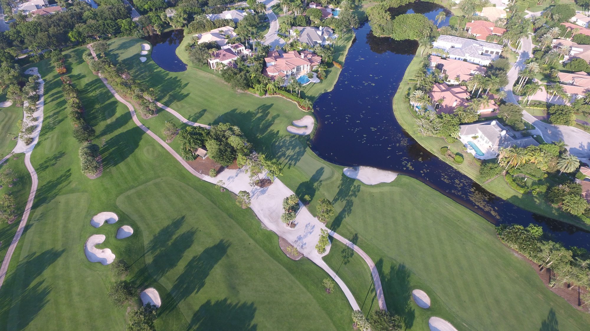 An island green surrounded by lakes and homes at Frenchman\