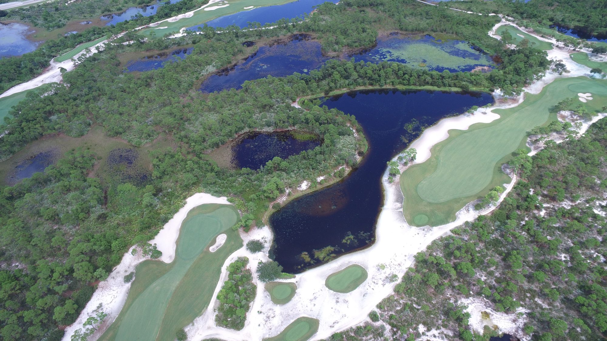 McArthur fairways and wetlands with the ocean on the horizon