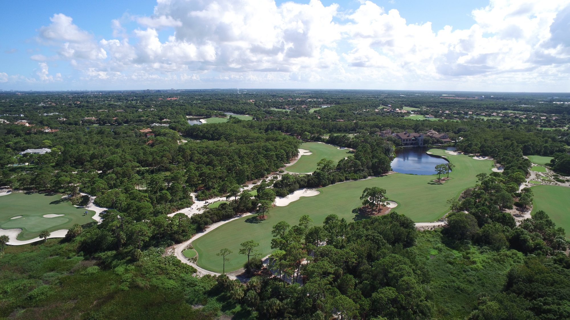 Bears Club fairways through native pines with the ocean on the horizon