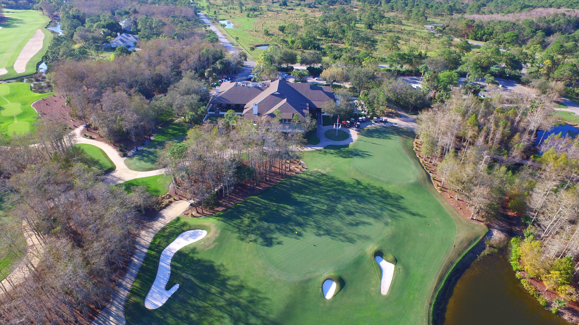 Rolling mounds and bunkers framed by cypress at The Dye Preserve